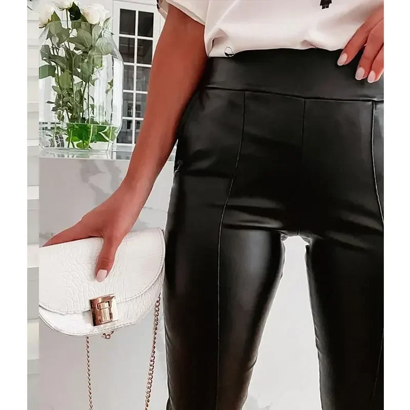 Vintage Black Matter Leather Pants Women High Waist Pu Bodycon Cropped Pants Office Ladies Commute Slim Splice Trousers Custom