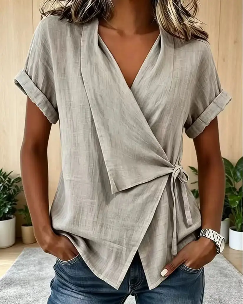 2026 Summer New Women Cross V Neck Blouse Lace Up Waist Short Sleeve Solid Casual Tops