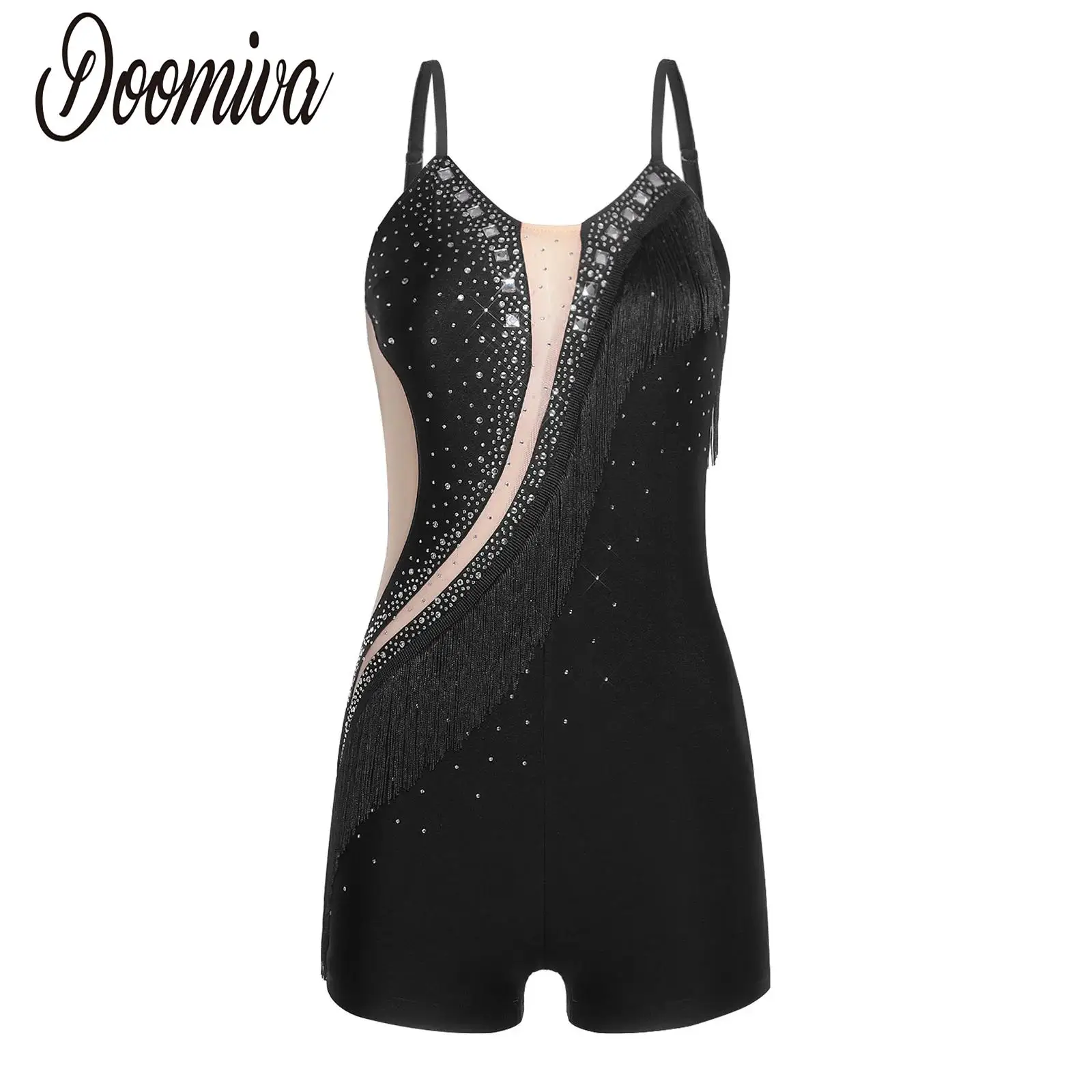 

Women Dance Fringed Latin Jazz Figure Skating Leotard Show Costume Rhinestone Tassel Boy-shorts Legs Bodysuits for Tango Cha-cha