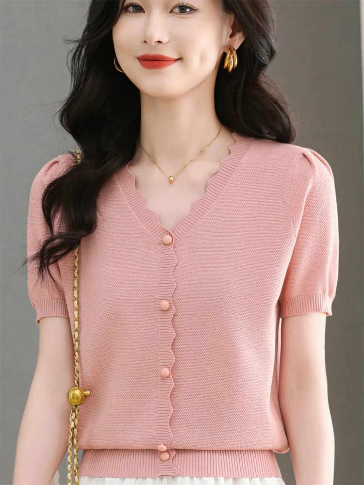 

Faionable Ice Silk Knitted Top ort Sve V-Ne Young Mom Summer irt Thin Small Size Ladies Trendy ort T-irt