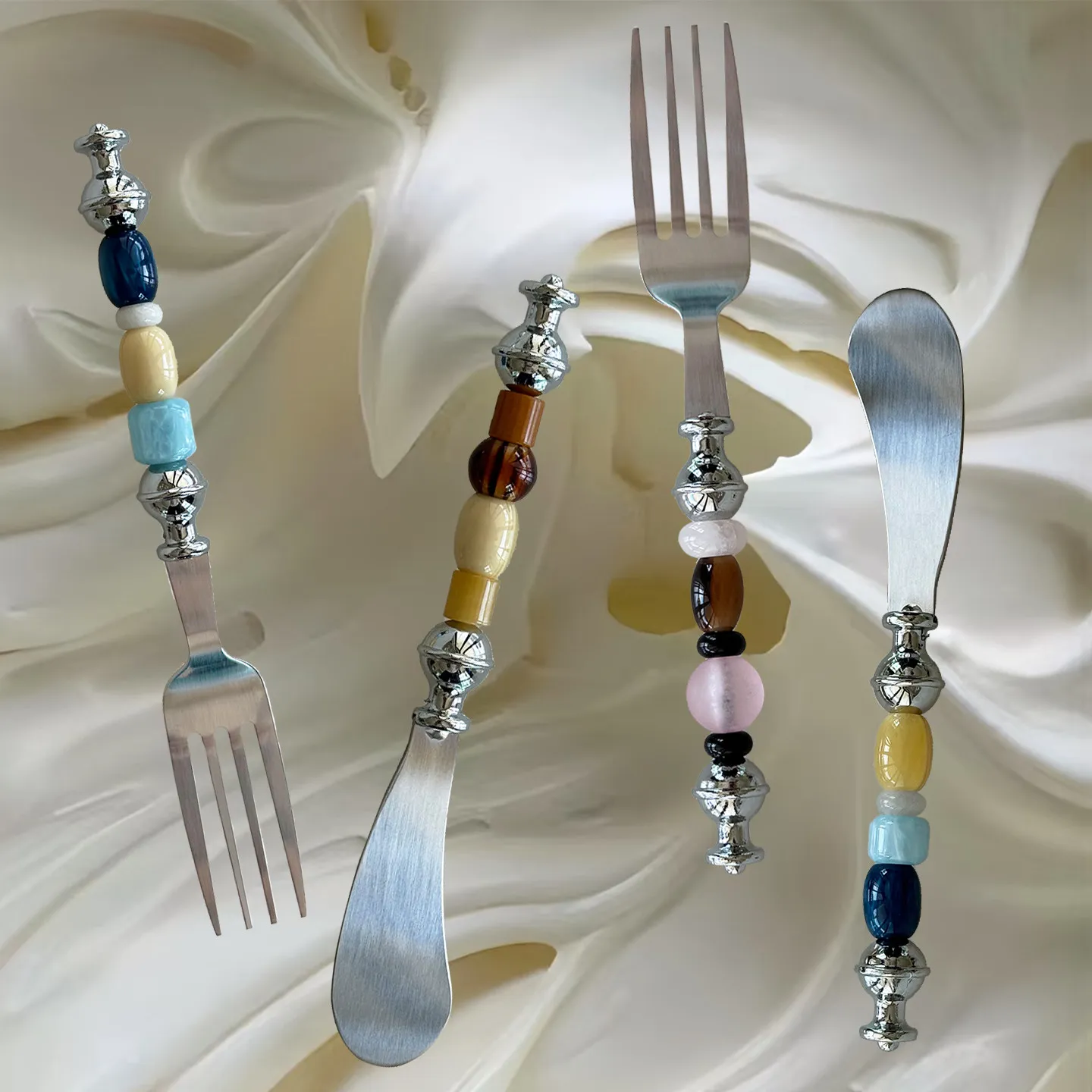 

Luxurious Colored Beads Stainless Steel Fork, Butter Knife Tableware,Western Luxury Dinner Set Mirror Elegant Knife Fork Spoon