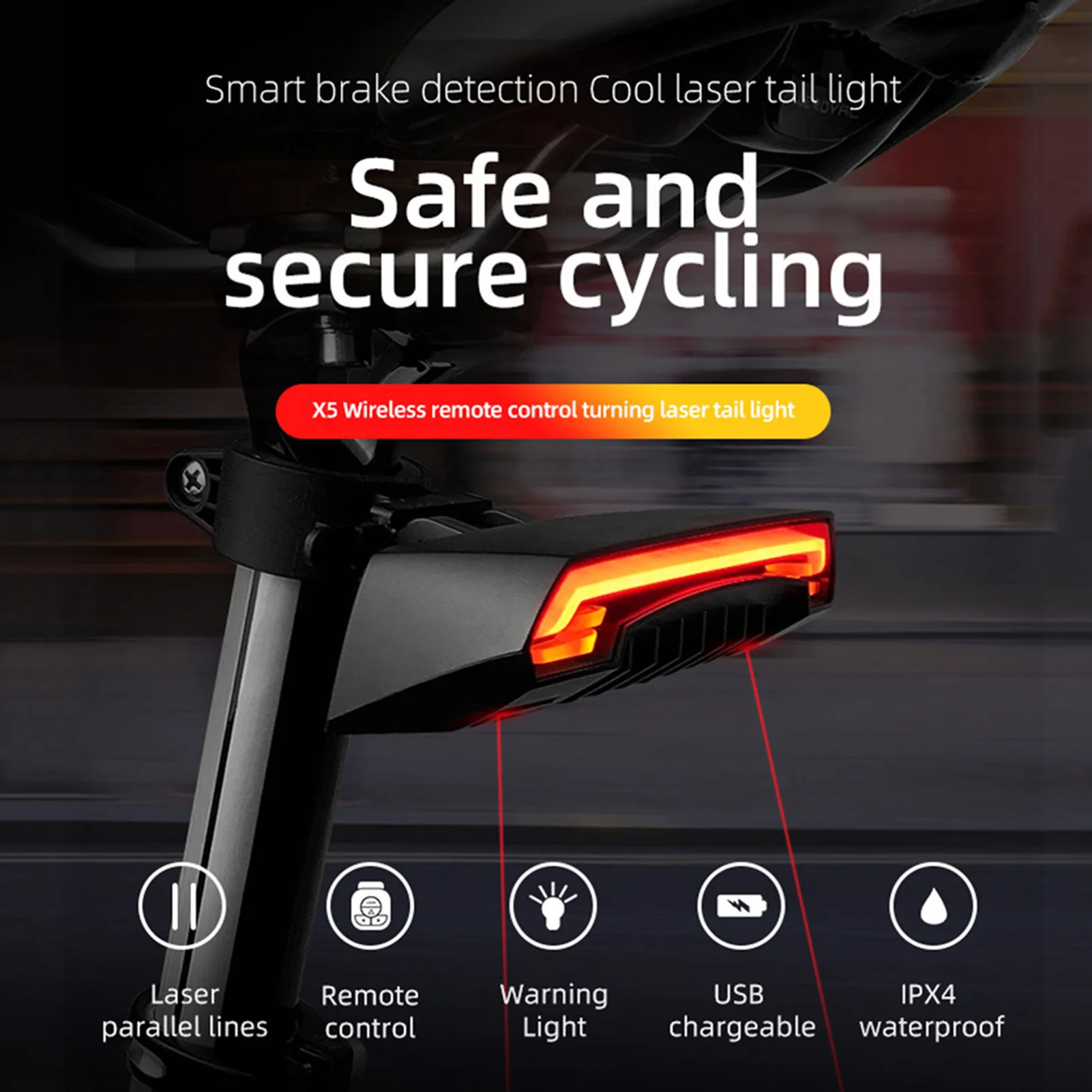 

Meilan X5 Bicycle Lsaer Tail Light LED Beam Wireless Bike Remote Light Turn Signal USB Rechargeable Cycling Bicycle Rear Light