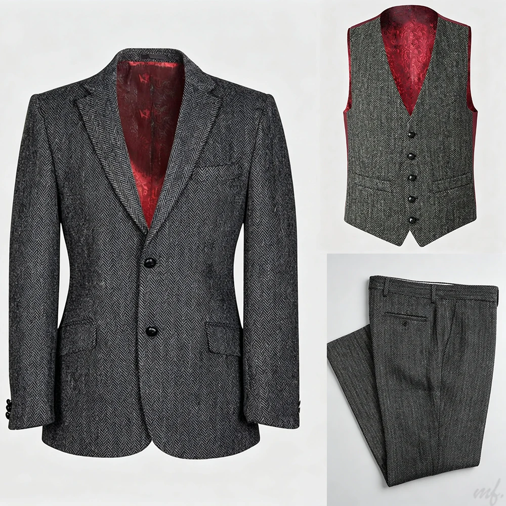Classic Grey Herringbone Tweed 3-Piece Suit with Waistcoat and Contrast Red Lining Men Autumn Vintage Tuxedo Customized M266394