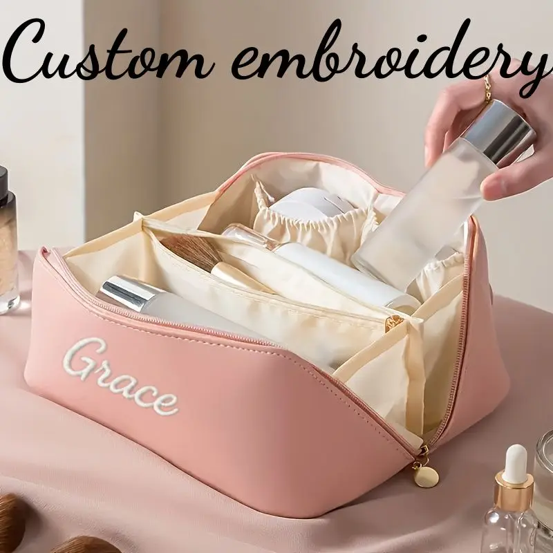 Custom Embroidered Large-capacity Women's Makeup Bag, Personalized Name Travel Toiletry Organizer with Multiple Compartments. Es