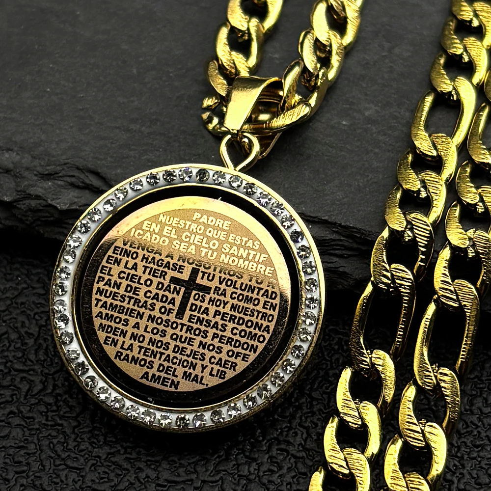 The Lord's Prayer Cross Bible Spainsh Verse Pendant Necklace for Women Men Stainless Steel Rhinestones Chain Rotatable Jewelry