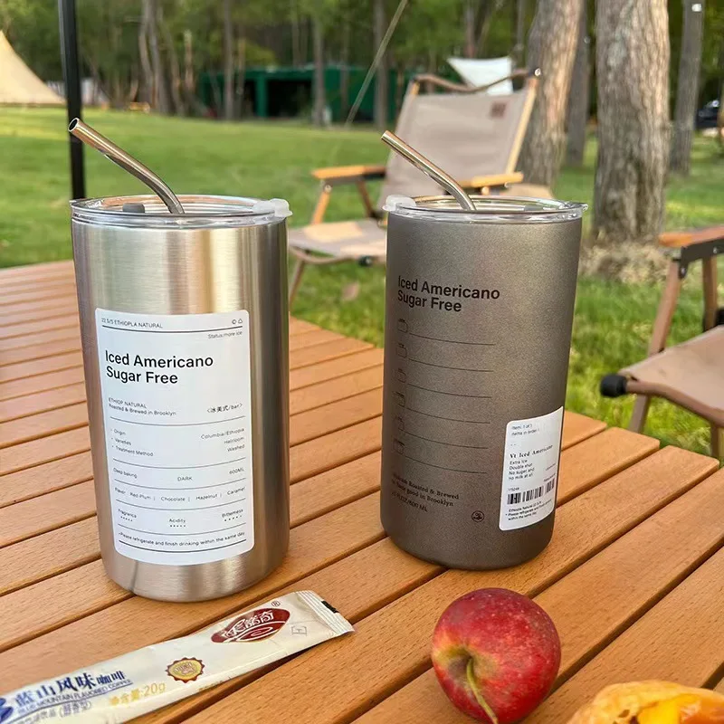 Stainless Steel Iced Americano Coffee Cup Vacuum Double Wall Tumbler with Straw Portable Insulated Mug for Home Travel Office