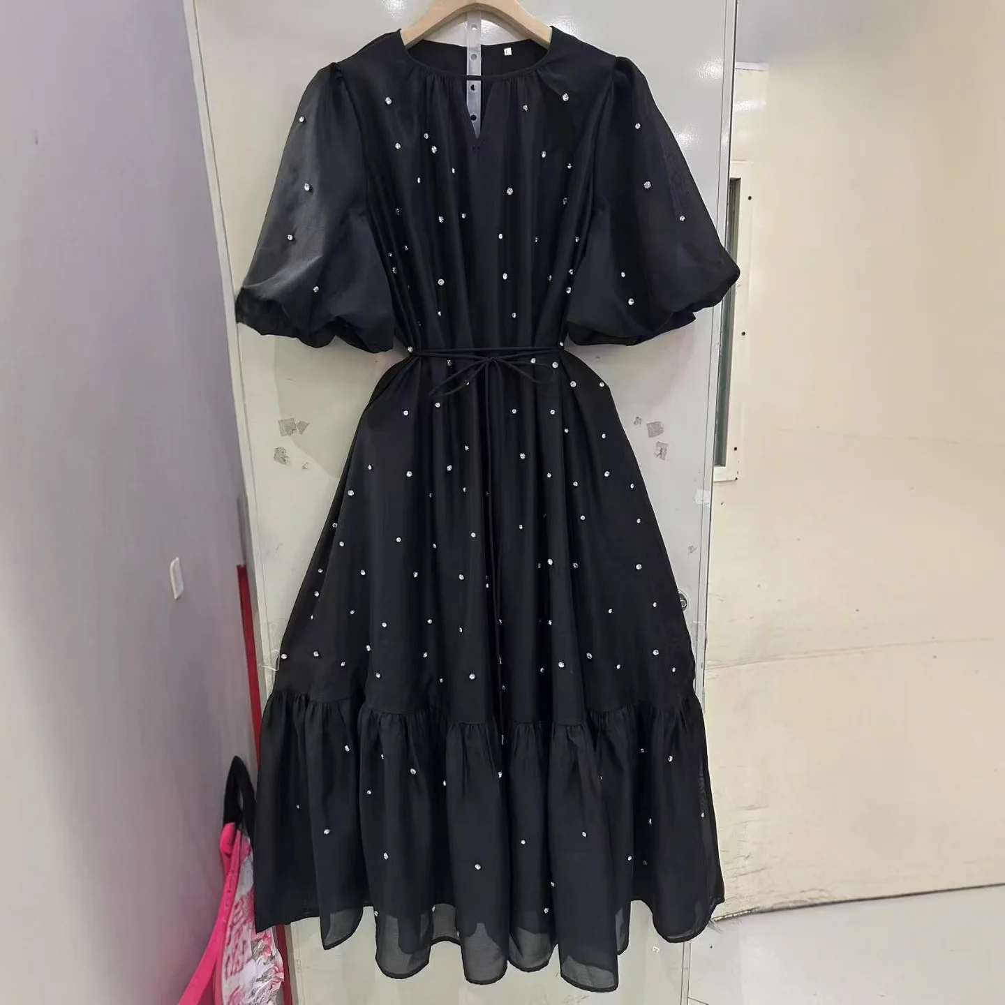Robe de soirée de luxe en cristal pour femmes, manches courtes, perles, ample, mi-longue, élégante, tenue de soirée, été, automne