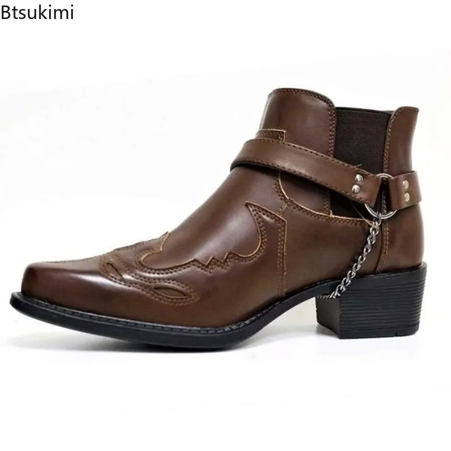 New Men's Retro Leather High Top Chain Buckle Punk Boots Pointed Motorcycle Ankle Boots Autumn Winter Fashion Male Casual Shoes