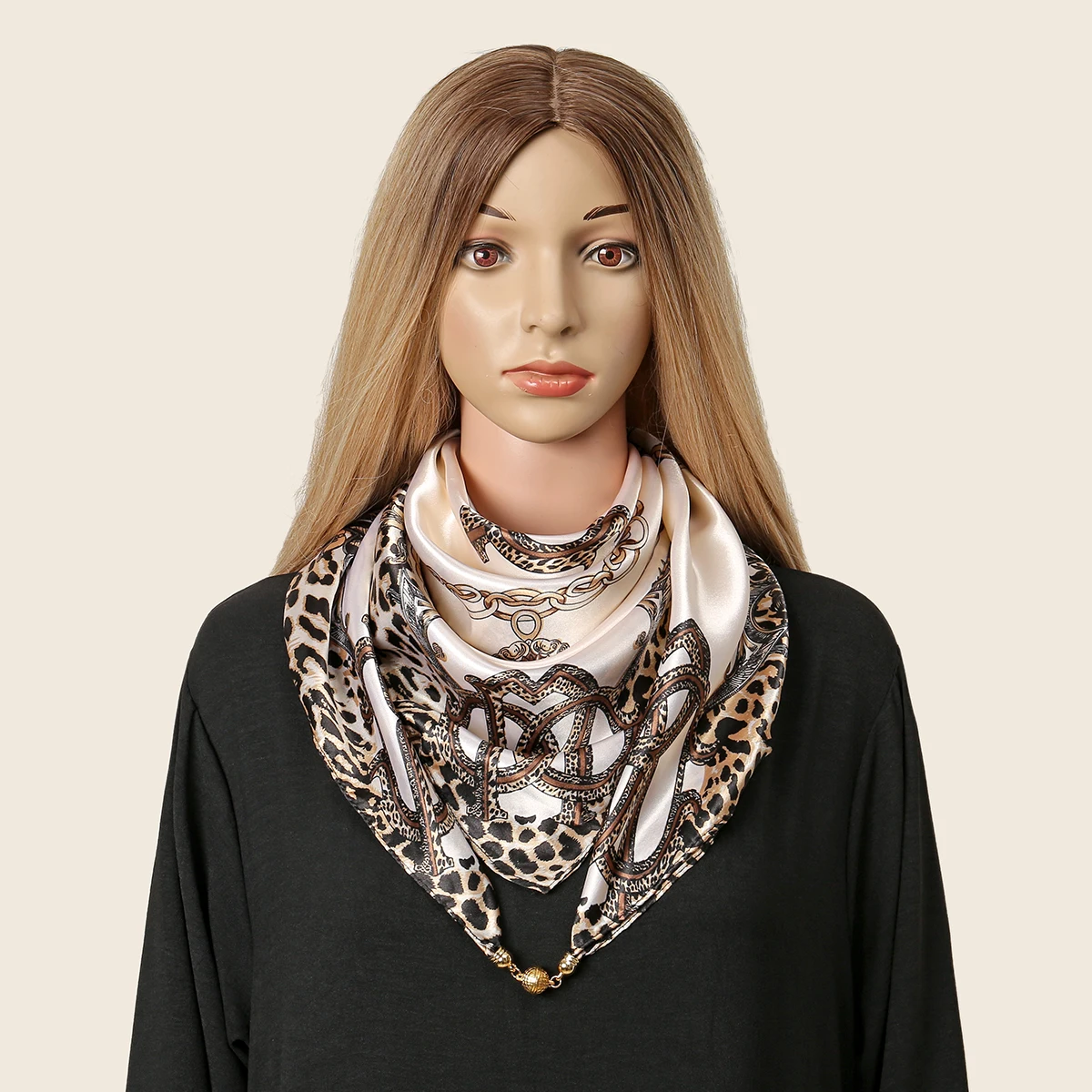 New Style Leopard Square Scarf Neckerchief For Women Printed Magnet Shawl Wraps Lady Satin Scarf With Chain