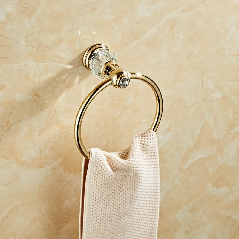 Modern Light Luxury Towel Ring with Diamond Inlay, Golden Round Textured Golden Towel Rack, Bathroom Hanging Accessory.