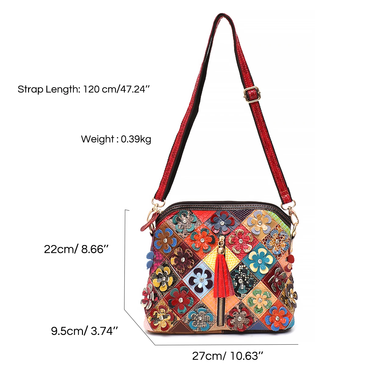 SC Boho Vintage Colorful Floral Leather Patchwork Handbag For Women Luxury Diamond Tassel Trim Crossbody Shoulder Purse Trip Use