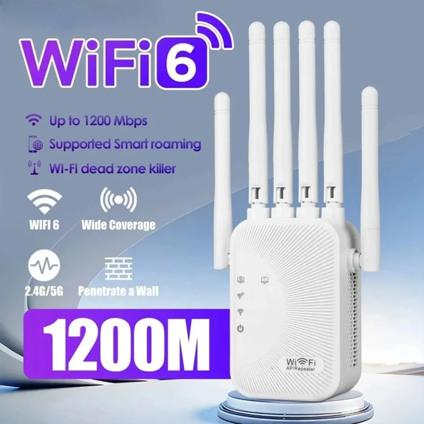 1200Mbps WiFi Extender Upgraded 6 Antennas Dual‑Band Wireless Signal Booster Through Wall Easy For Home Bedroom Network Coverage