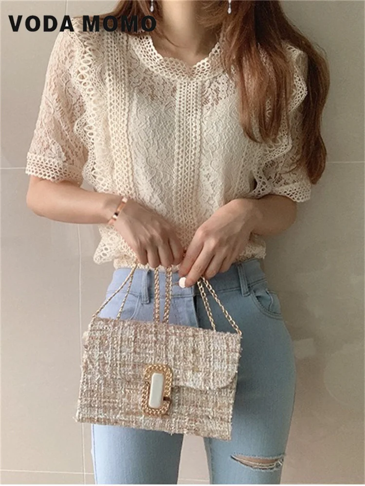 여름 한국 세련된 탑 자른 셔츠 여성 짧은 소매 오-넥 캐주얼 레이스 중공 우아한 패션 레트로 모든 경기 슬림