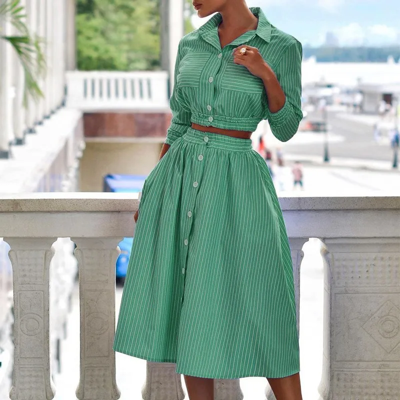 

new in matching sets 2025 conjunto dos piezas mujer spring Long Sleeve Striped Shirt Set Half Skirt 2 piece sets woman outfit