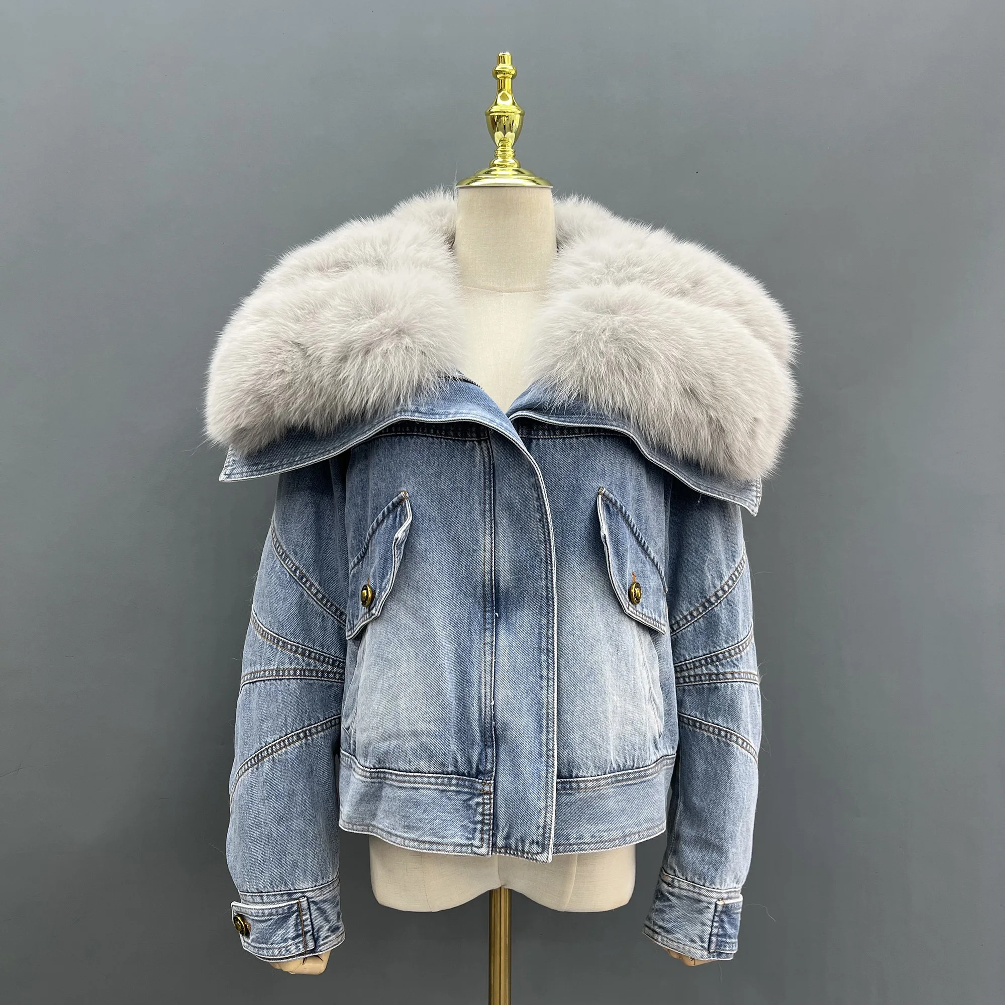 Denim Big Fox Fur Jacket, Warm Down, Feather Lining, Winter Coat, Street Wear