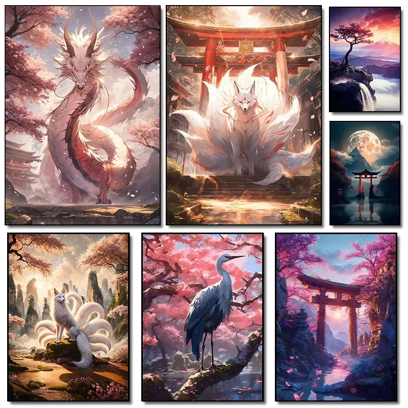 (No frame)Japanese Culture Print Poster Shrine Scenery Wall Art Picture Dragon Fox Cat and Crane Canvas Painting Home Living