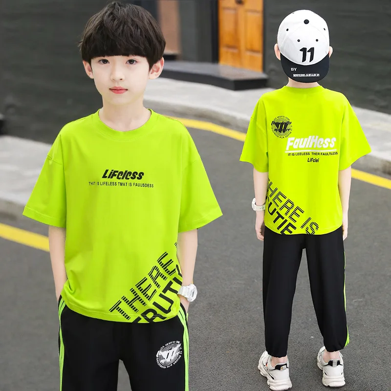 Summer Casual Boys Cotton Alphabet T-Shirt Tops+Striped Pant Sets School Kids Tracksuit Children 2PCS Jogging Outfit 5-14 Y