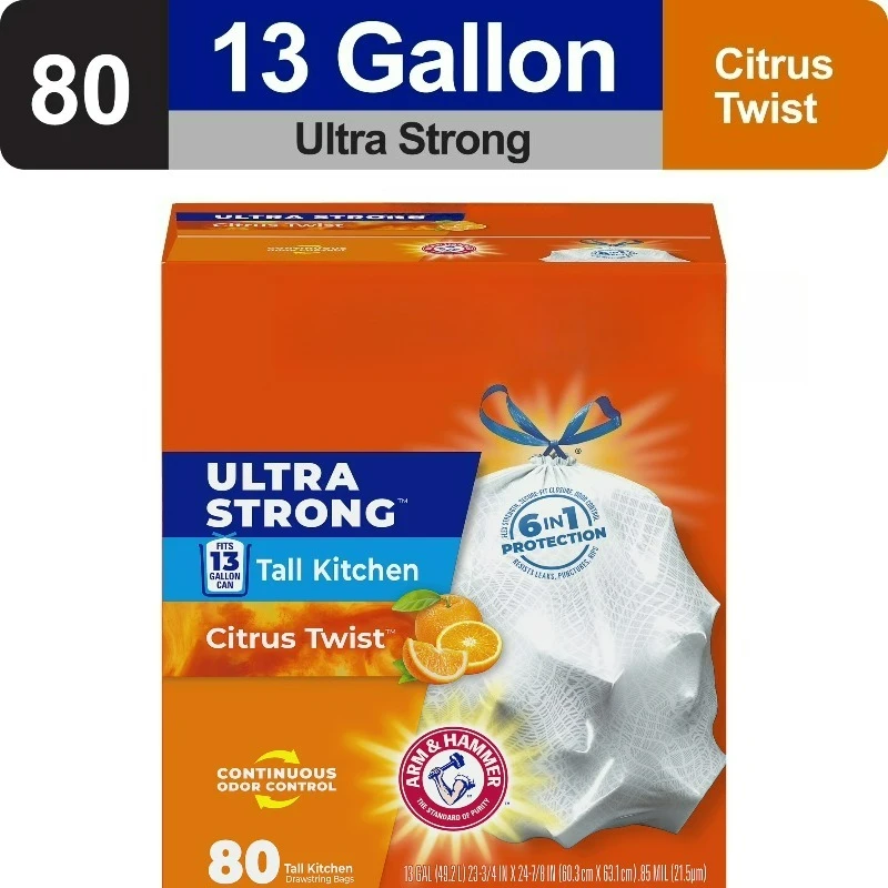 

Ultra Strong 13 Gallon Trash Bags, Tall Kitchen Trash Bags, White, Citrus Twist Scent, 80 Bags