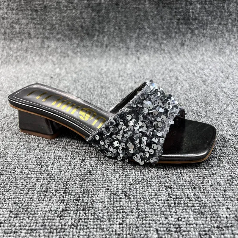 Fashion African Sequins Slippers Point Toe Open Toe Leather Mules 2023 Summer Outdoor Beach Party Party 5cm High Heels L1021-5