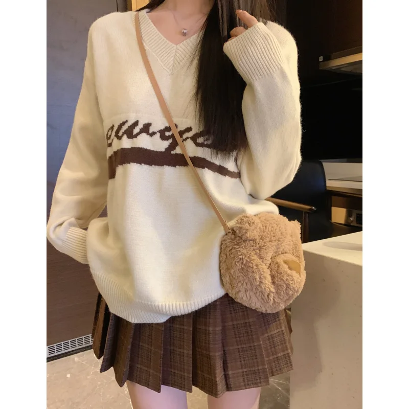 

Women Clothing Vintage Knitting Sweater Beige Contrasting Colors Pullover Cotton Long Sleeve Fashion Female Letter Winter Tops