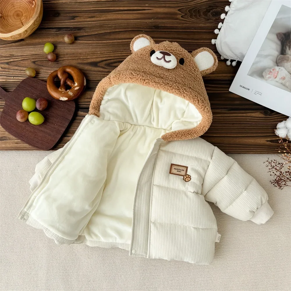 2024 Winter New in Kids Infant Boys Girls Thicken Warm Cartoon Bear Modeling Top Outwear , Toddler Baby Cute Hooded Jacket 0-3Y