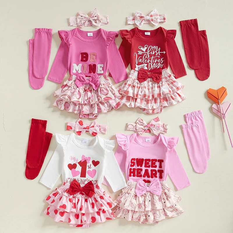 

Baby Girl Valentine's Day Outfits Letter Print Long Sleeve Romper with Tiered Skirt Headband Socks Set Sweety Baby Clothes Set