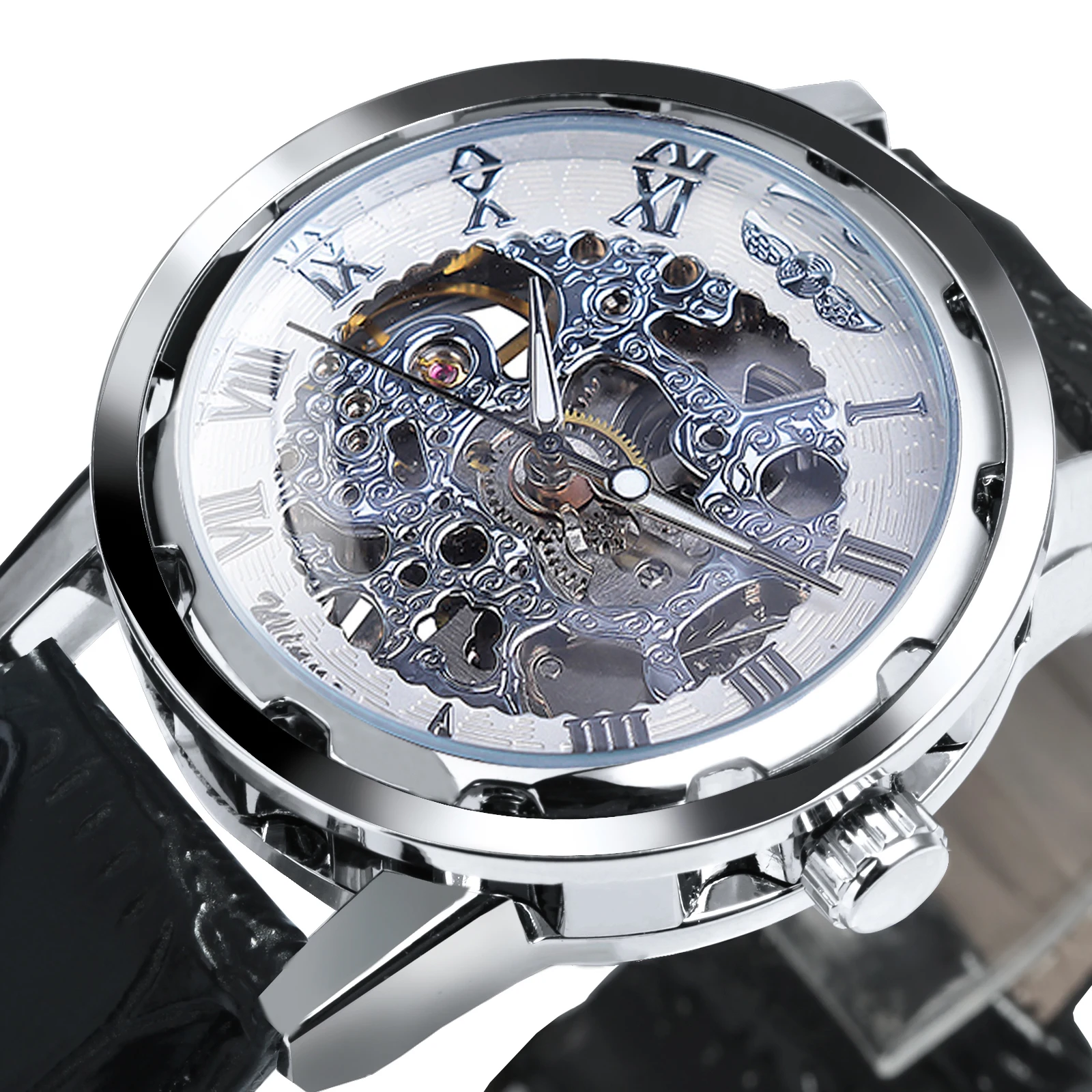 WINNER Business Hand Winding Mechanical Watches Luminous Hands Classic Skeleton Watch for Men Leather Strap Mens Wristwatches