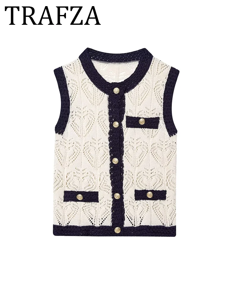 

TRAFZA Woman 2025 Vest Jacquard Mesh Knit Round Neck Vest Top Summer Elegant Vest Ladies Sleeveless Knitwear Tops Casual Tank