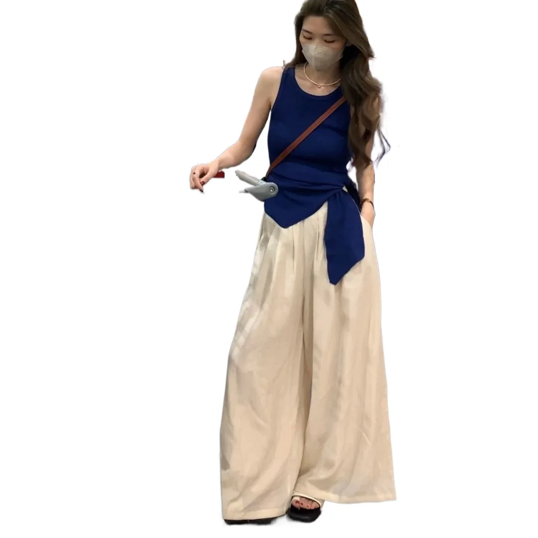 

2025 Summer Women's Set: High End Fashion Small Fragrant Blue Top+White Wide Leg Pants Two Piece Set