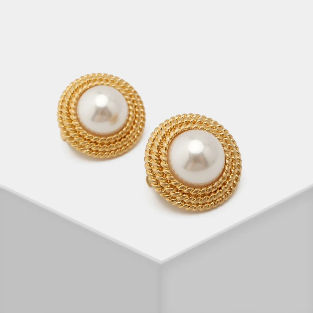 Amorita Boutique Vintage Metal Button Pearl Ear Clips Earrings