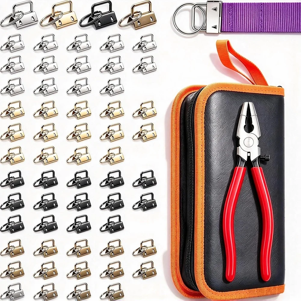 15PCS DIY Webbing Strap Kit for Lanyards Includes Iron Buckles Key Rings Pliers and Flat Jaw Clamps for Easy Assembly