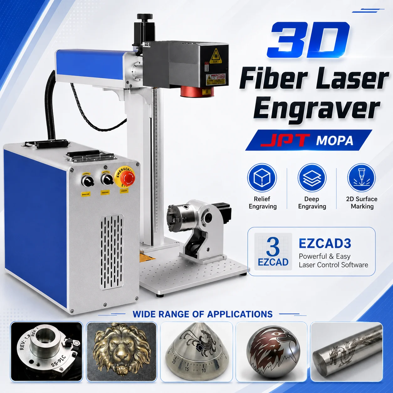 3D 300W JPT MOPA Fiber Laser Marking Machine Dynamic Focus Laser Engraver for Deep Engraving Relief Engraving & Curved Surface Marking on Metal Jewelry Gold Silver Rings