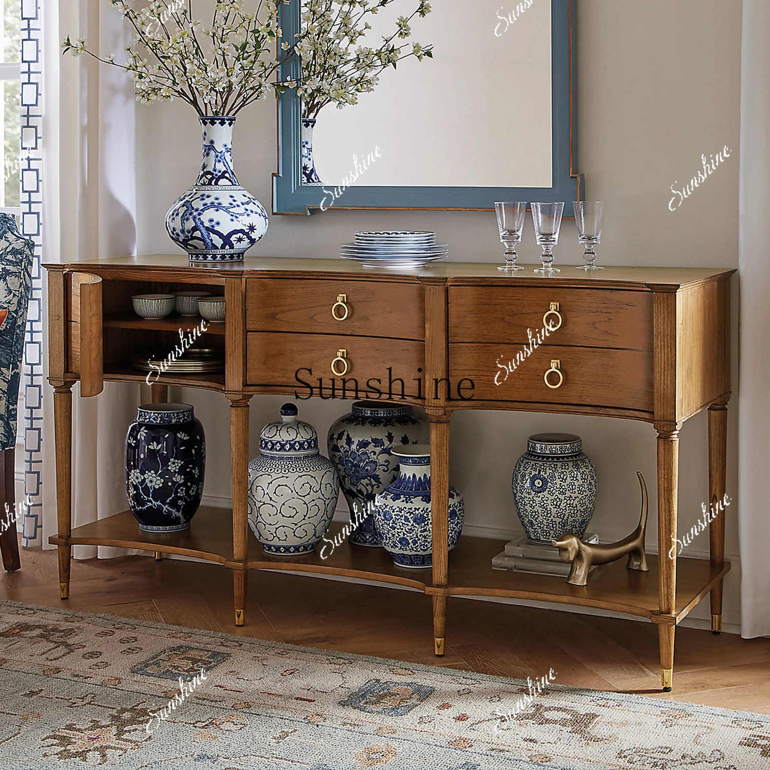 

American retro solid wood entrance foyer living room wall storage bedroom bedside chest FT