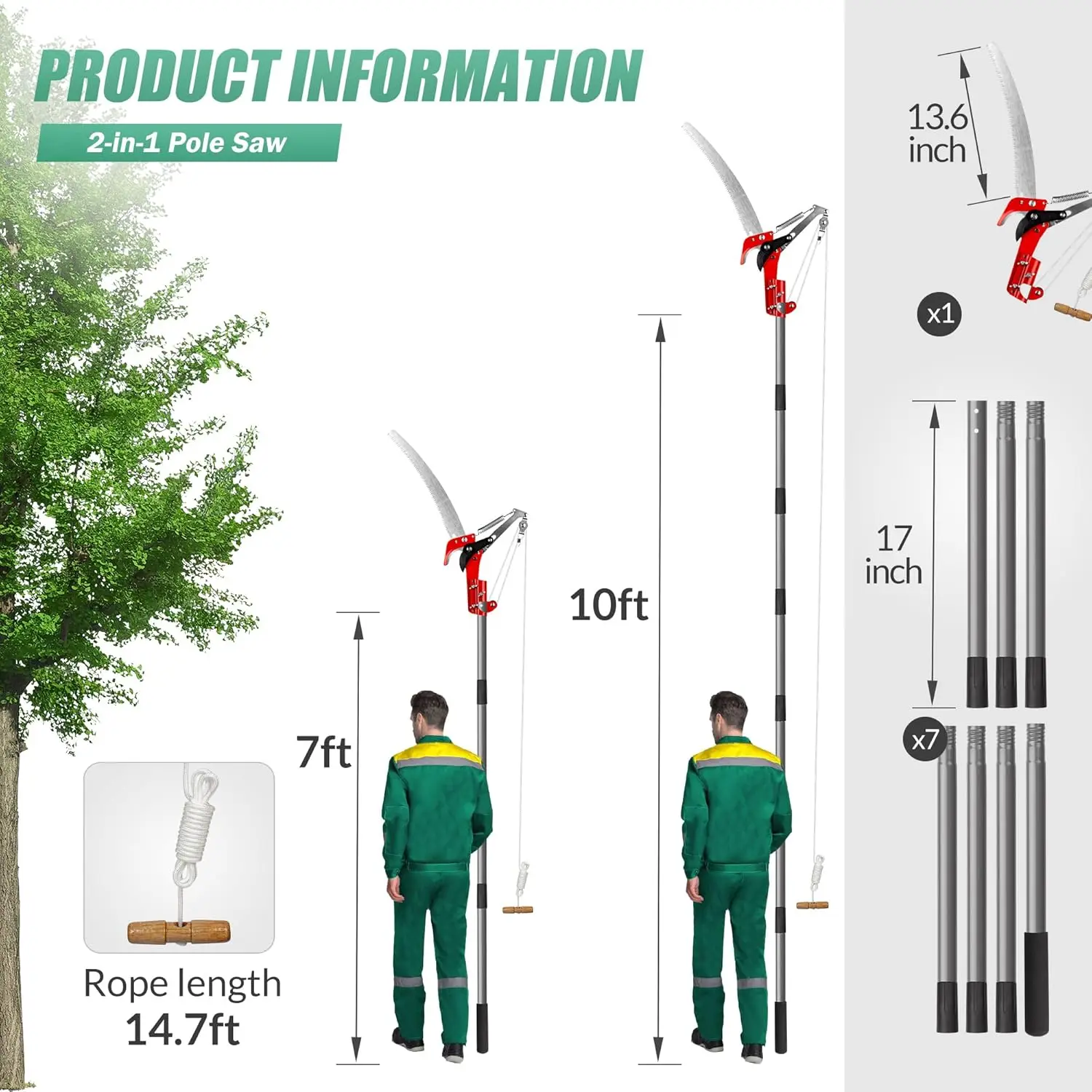 10ft Pole Saw, Manual Tree Pruner with Sharp Steel Blade, Trimmer with Scissors and High Strength Lightweight Handles for Prunin