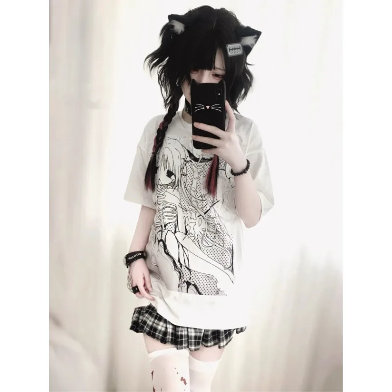 

Short Sleeve Subculture Tops Y2k Punk Gothic Women Summer 2024 T Shirt Round Neck Comics Printing Harajuku White Tees