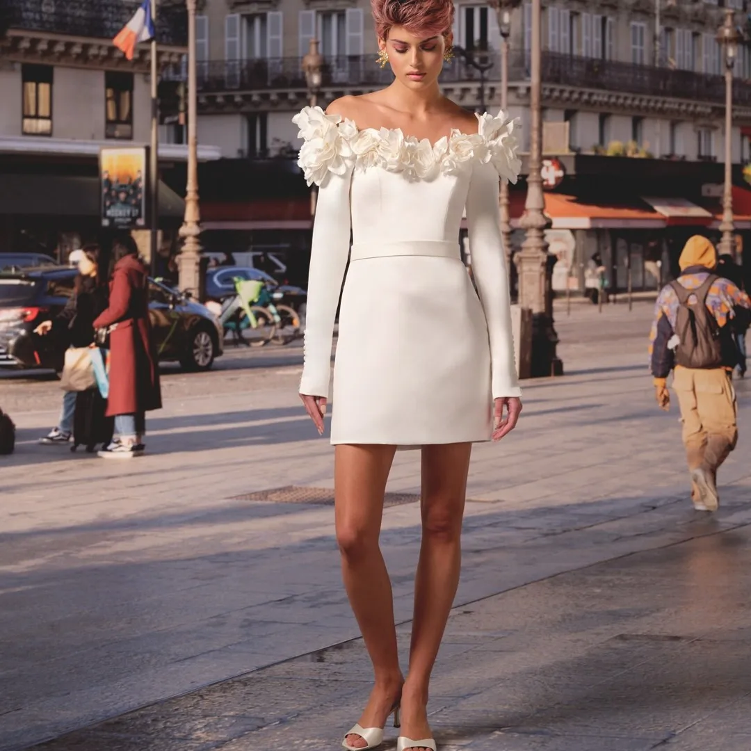 

Demure White Full Sleeves A-line Short Engagement Dresses With Handmade Flower Neckline Pretty Women Party Mini Dress