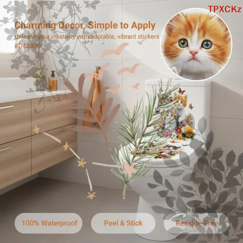 Autocollants imperméables pour toilettes de chat, autocollants muraux auto-adhésifs à motifs mignons, papillons, fleurs