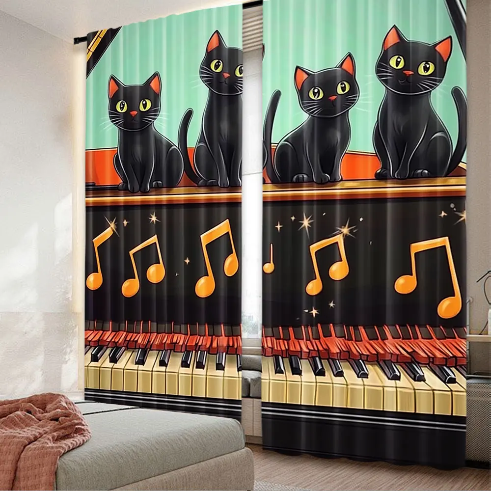 2Pcs The Cats Sit On The Piano Curtains Fashion Curtains Aesthetic Personalized Curtains Suitable For Living Room Dorm