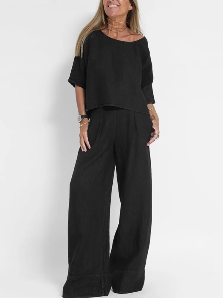 

Casual Fashion Pocket Trousers Set Summer Women's Simple Solid Color Short-sleeved Top Wide-leg Trousers Commuting Two-piece Set