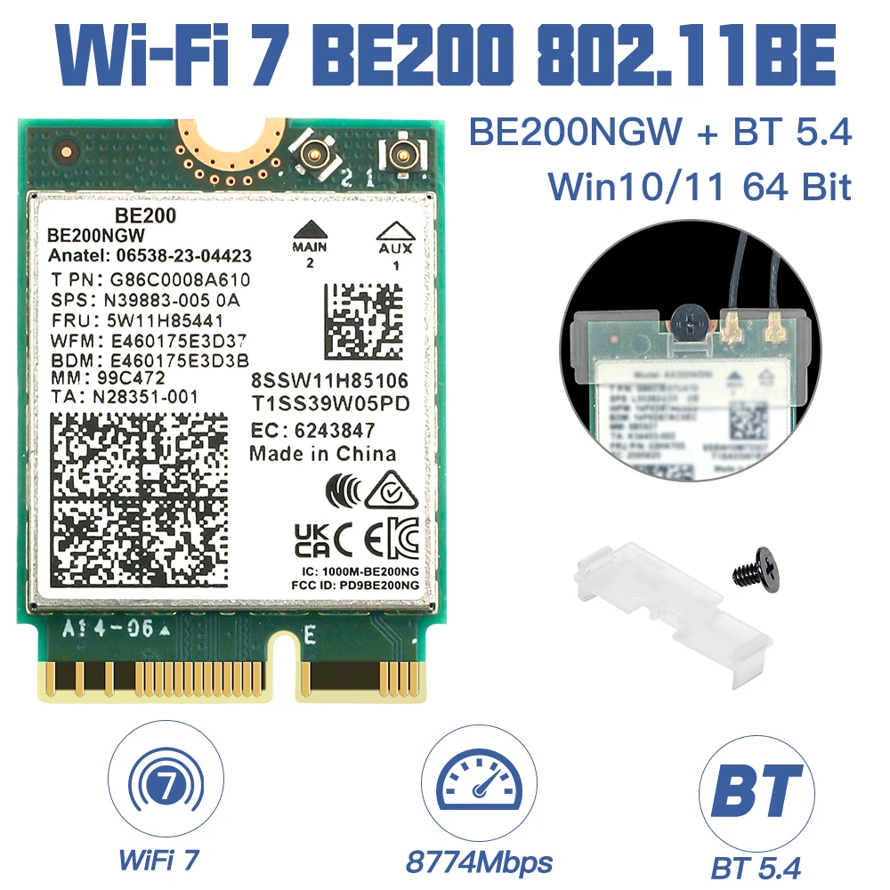 

WIFI 7 For BE200 Wireless Wifi Card BE200NGW Bluetooth 5.4 802.11AX Tri-Band M.2 NGFF Network adapter for Win10/11 WiFi 6E