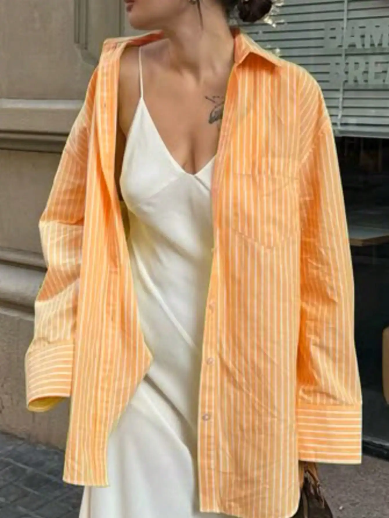 Women's Fashion Bright Orange Stripe Print Shirt Early Autumn Casual Street Style with Pocket for Walking And Commuting