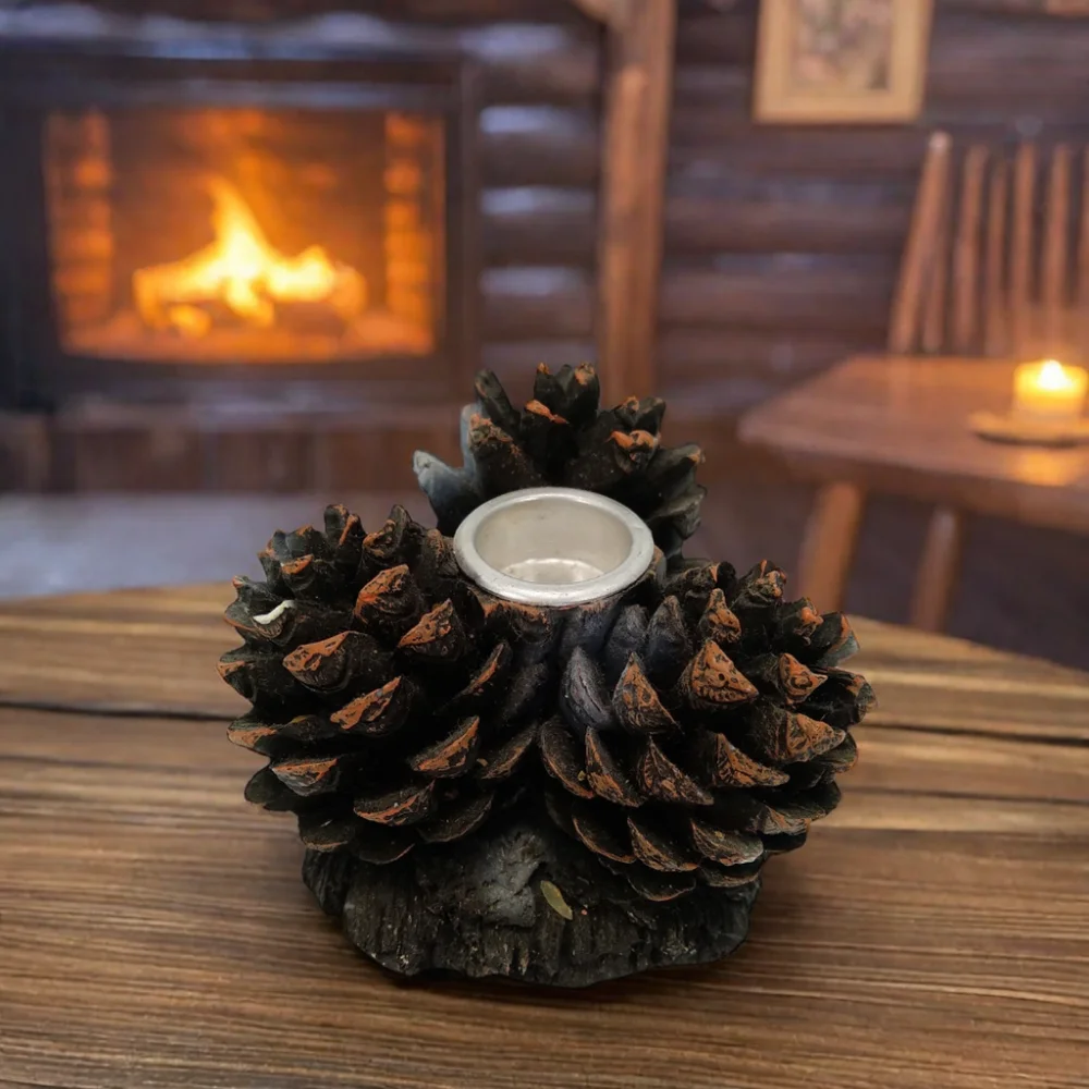 Antique Style Pine Cone Candlestick Customizable Cross Theme Home Decoration Resin Material in Country Style