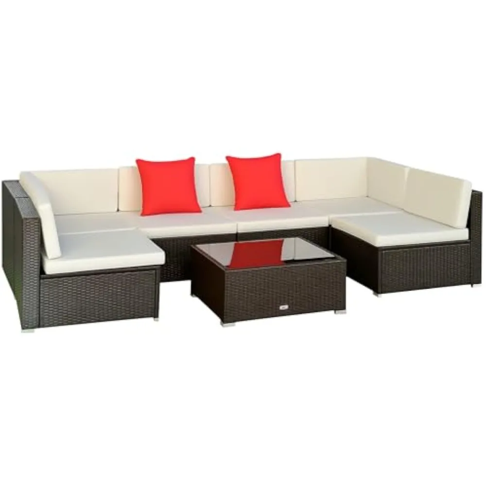 

Outdoor Patio Furniture Set: 7-Piece PE Rattan Wicker Sectional Sofa with Cushions, Pillows, and Coffee Table