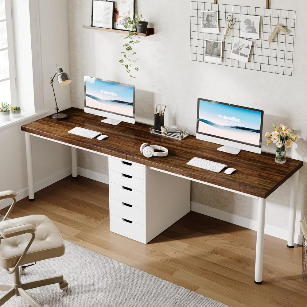 Premium Two Person Computer Desk with 5 Drawers, 78.7 Inches Extra Long Double Office Desk, Modern Simple Double Computer Des