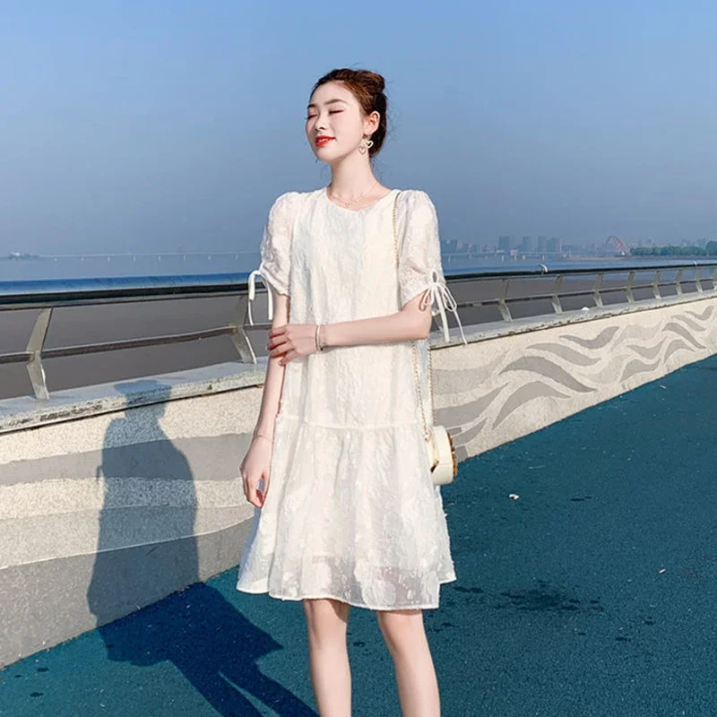 Women's Tie Bow Puff Sleeve Sweet Dress Korean French Style Petite A-Line Skirt