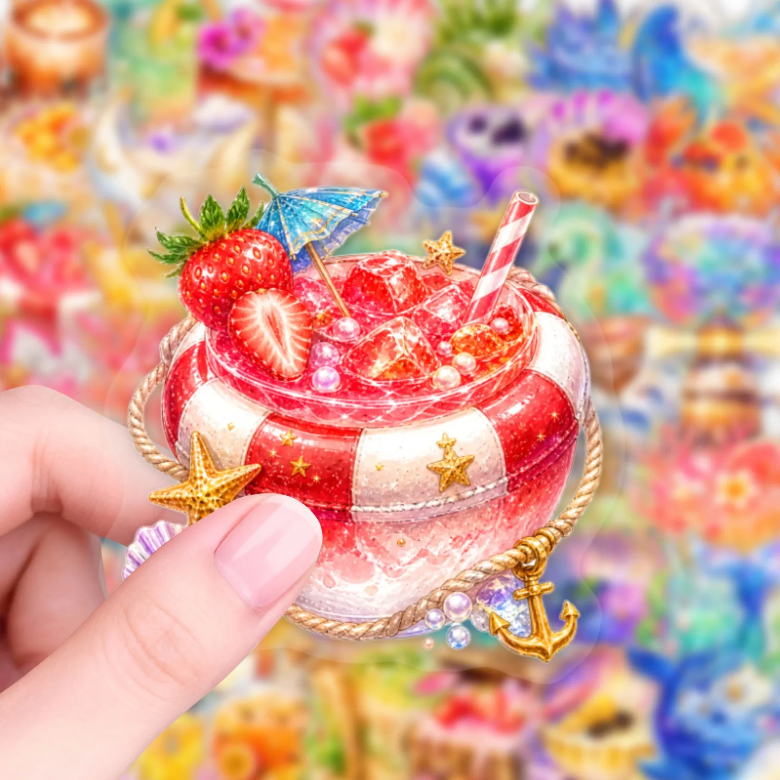 50 PCS Watercolor Dreamy Ocean Cocktail Transparent PET Stickers Shell Underwater Drink Hand Account Decorate Waterproof Decals