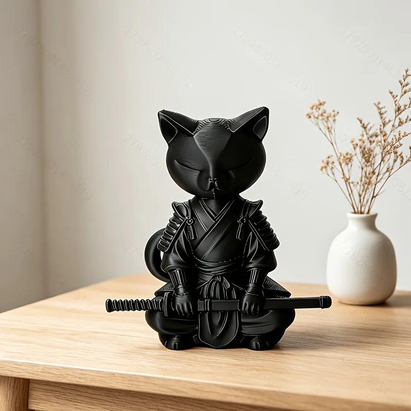 Dark Samurai Cat Statue, Zen Sword Ornament, Plastic Desktop Collectible Model, Home & Office Decor, Themed Gift for Christmas,