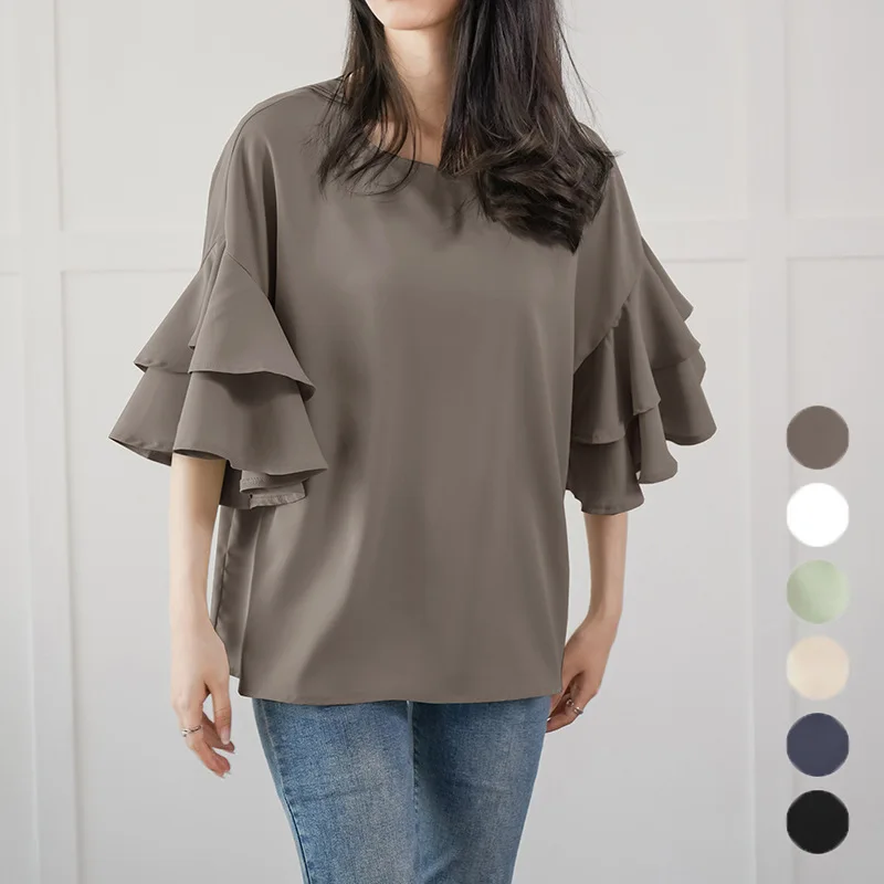 

Japan Rakuten 6 Colors Summer New Double Layer Ruffle Sleeve Round Neck Shirt for Women Casual Loose Top