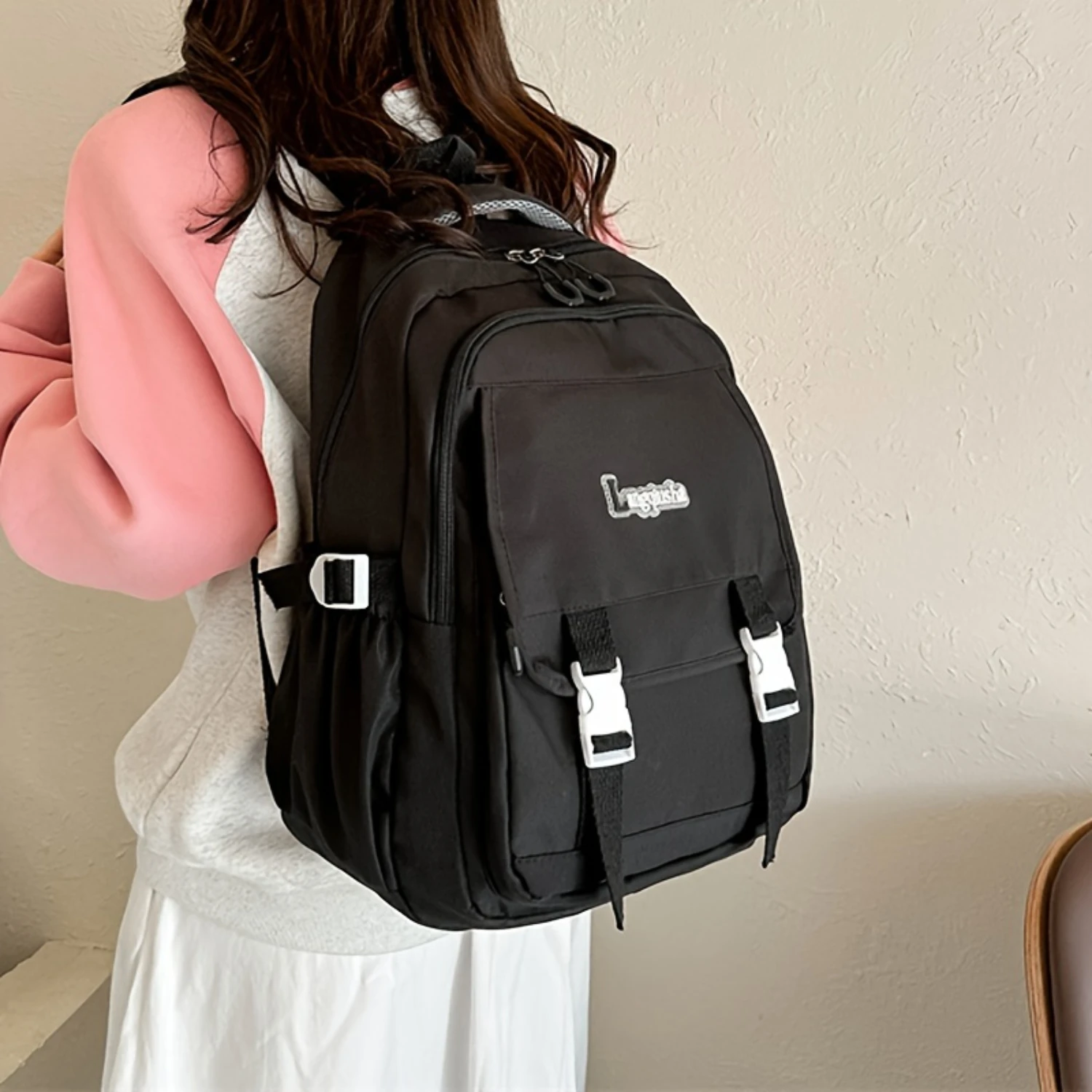 

Large Capacity Backpack, Minimalist Solid Color Zipper Rucksack For Women's Daily Use