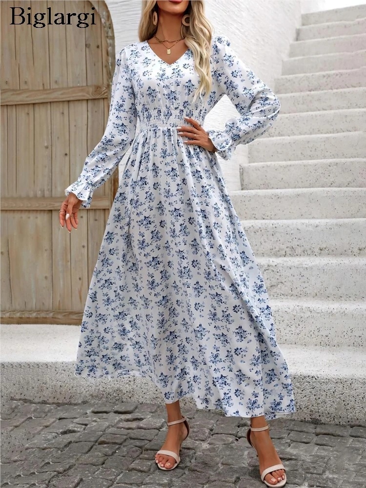 Vestido largo con estampado Floral para mujer, prenda de manga larga con cintura ajustada, holgada, plisada, con volantes y cuello en V, para otoño